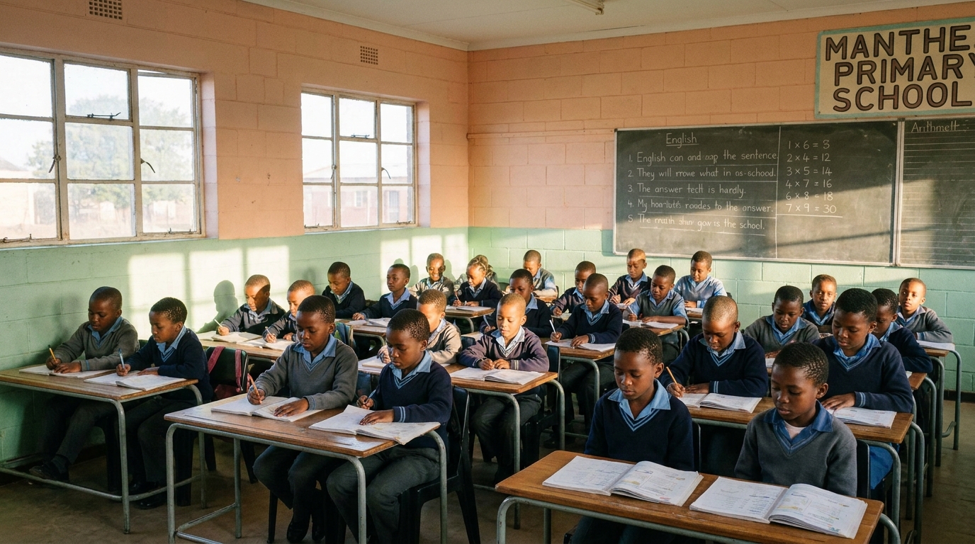 Grade 3 learners reading together at Manthe Primary School