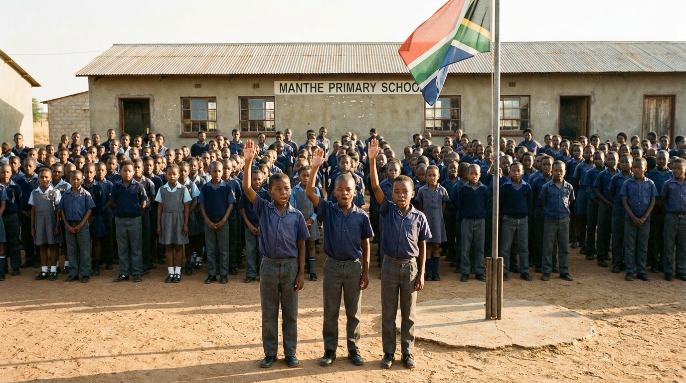 Morning assembly with the South African flag at Manthe Primary School