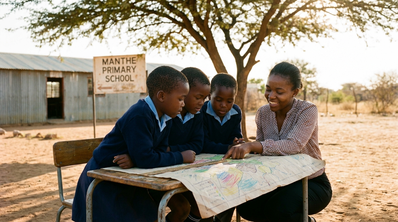 Three learners drawing a community map under an acacia tree