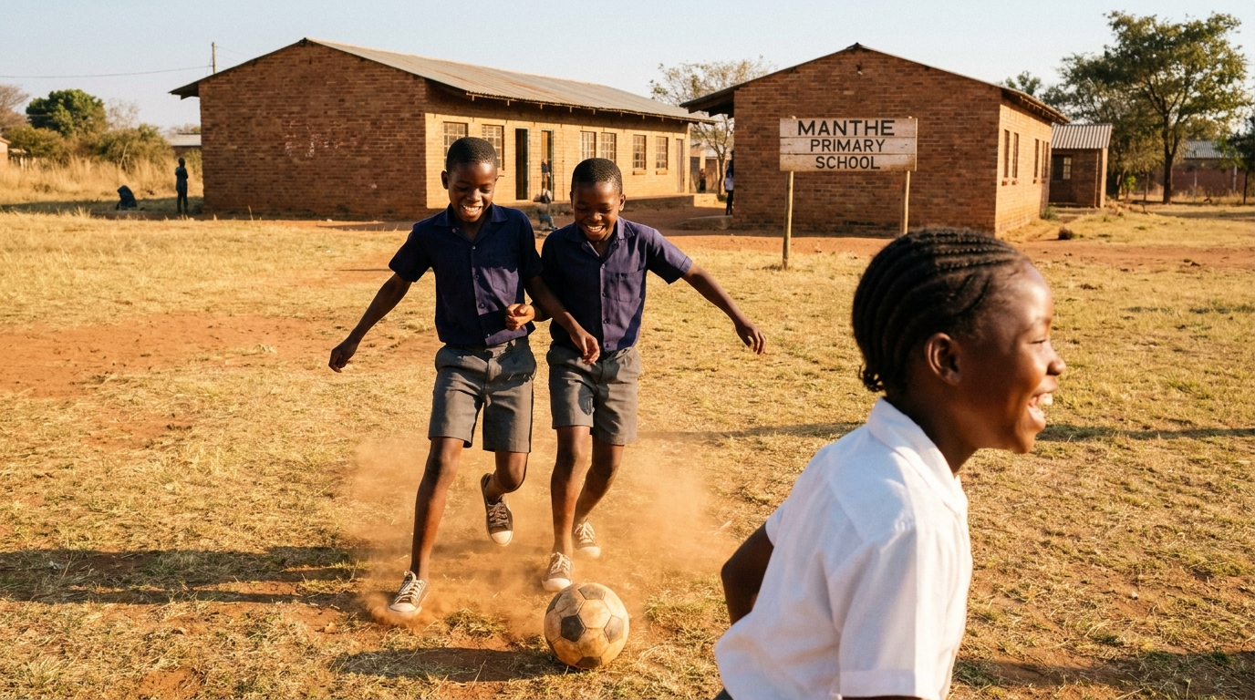 Children playing soccer on the school field at break