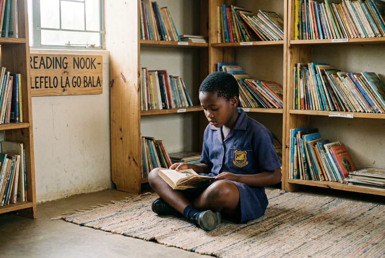 Grade 4 girl absorbed in a book in the reading nook