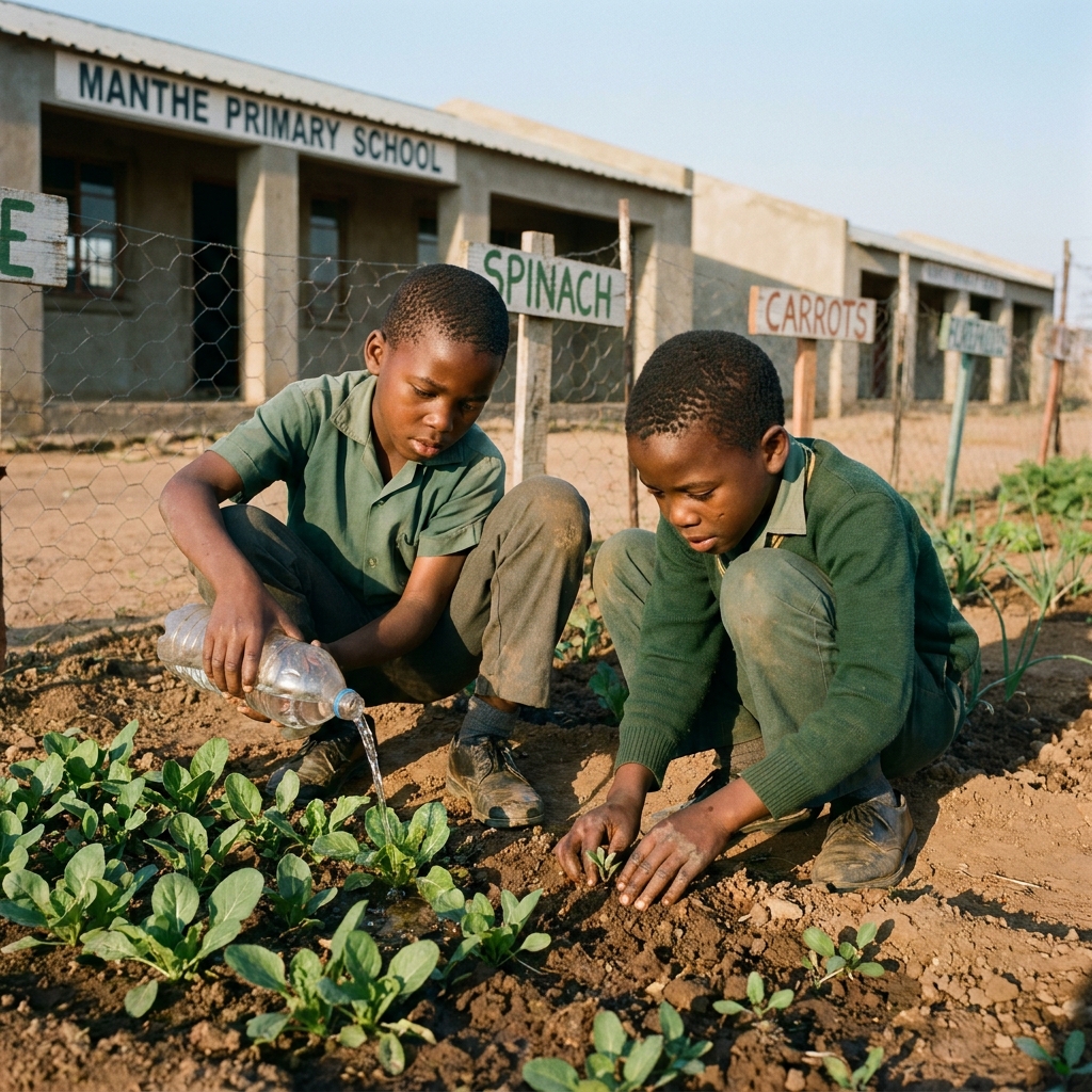 Two boys watering the school vegetable garden