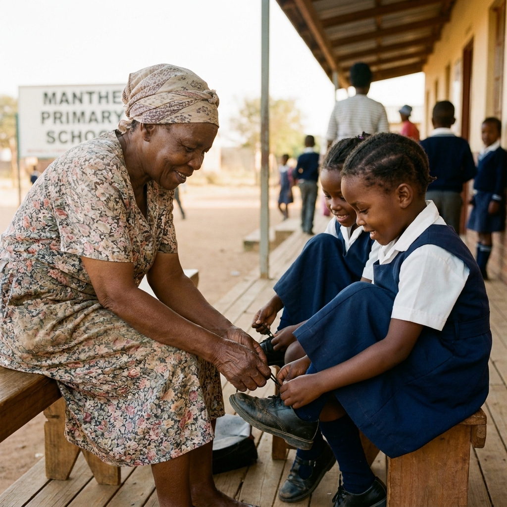 Grandmother volunteer helping with shoelaces at dismissal