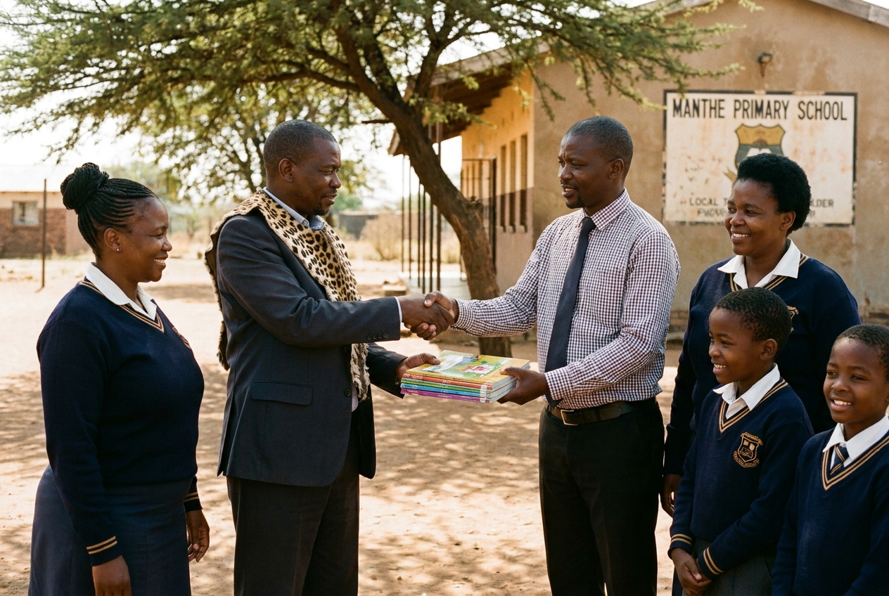 Local Tswana traditional leader donating books to the principal