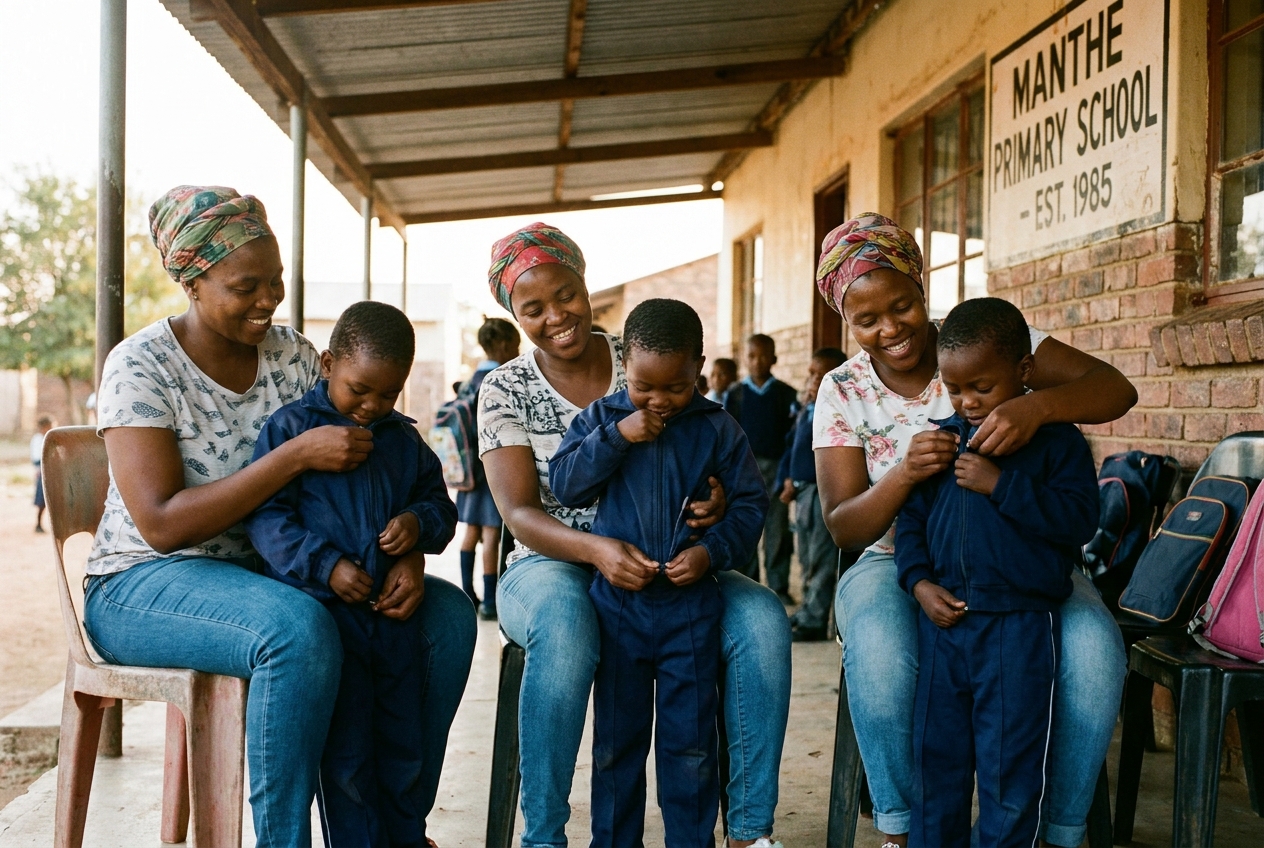 Mothers volunteering on the veranda helping children dress