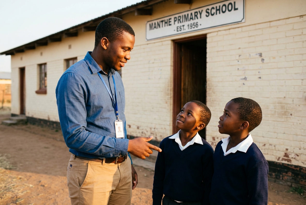 Alumni mentor visiting Grade 6 learners in the courtyard