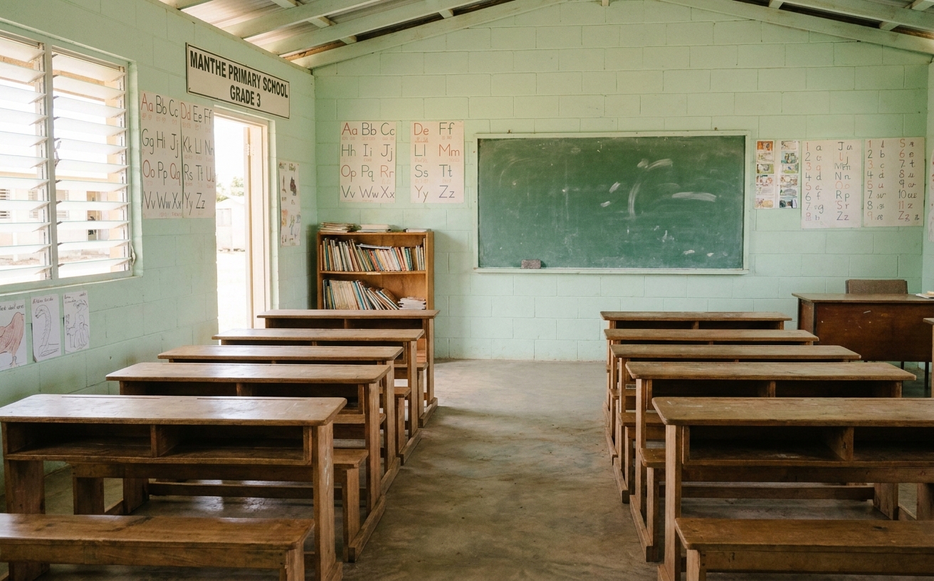 A bright Grade 3 classroom with rows of wooden desks