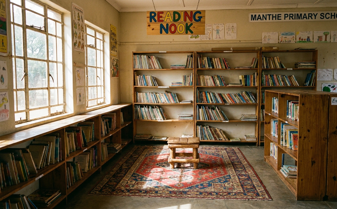 Small school library full of donated paperback readers