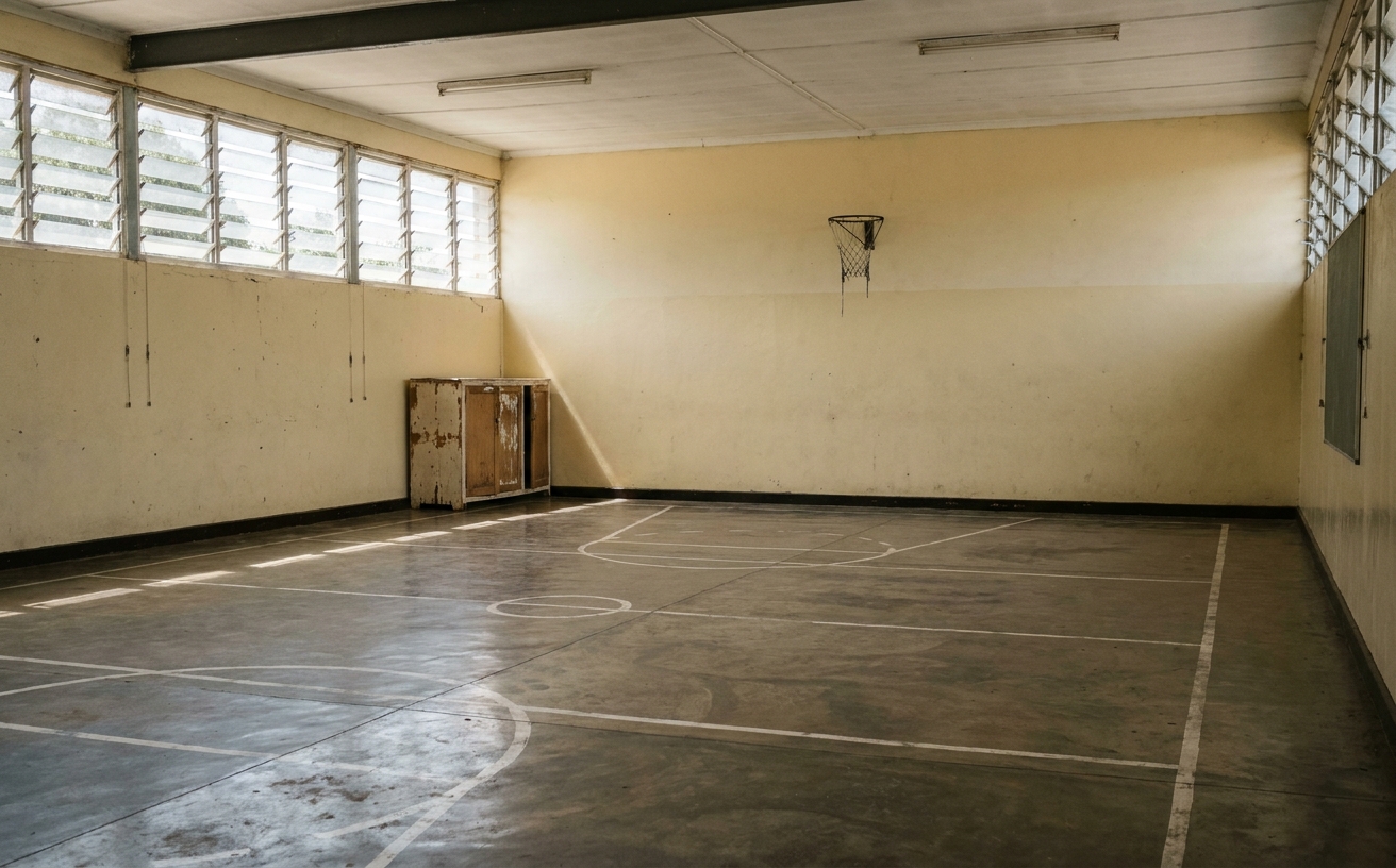 The bare main hall with painted court markings