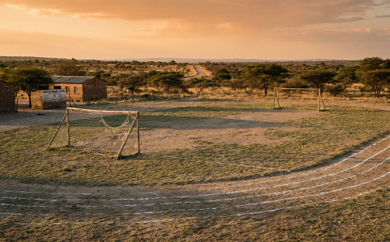 Dirt-and-grass sports field with homemade goalposts