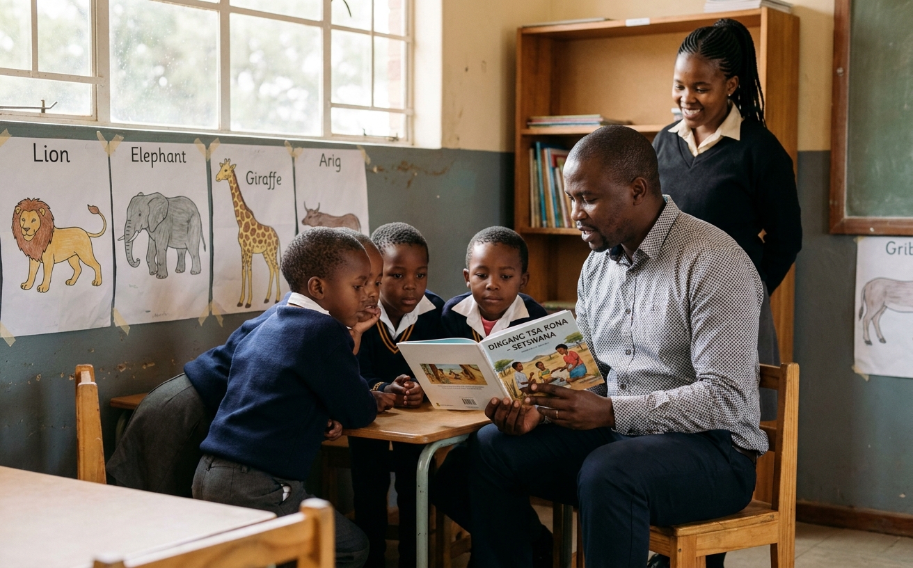 Parent volunteer reading aloud in a Grade 1 classroom