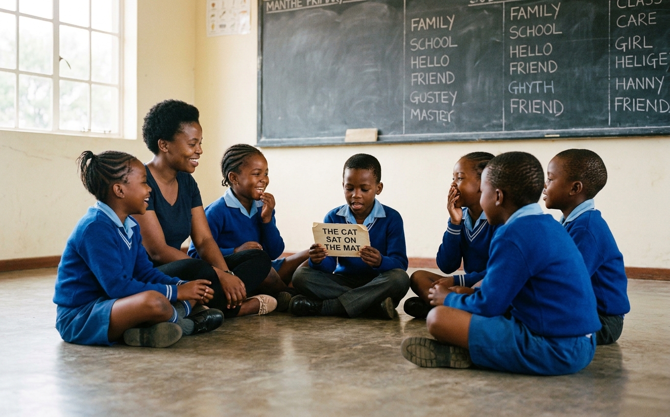 Grade 3 children practising English in a circle
