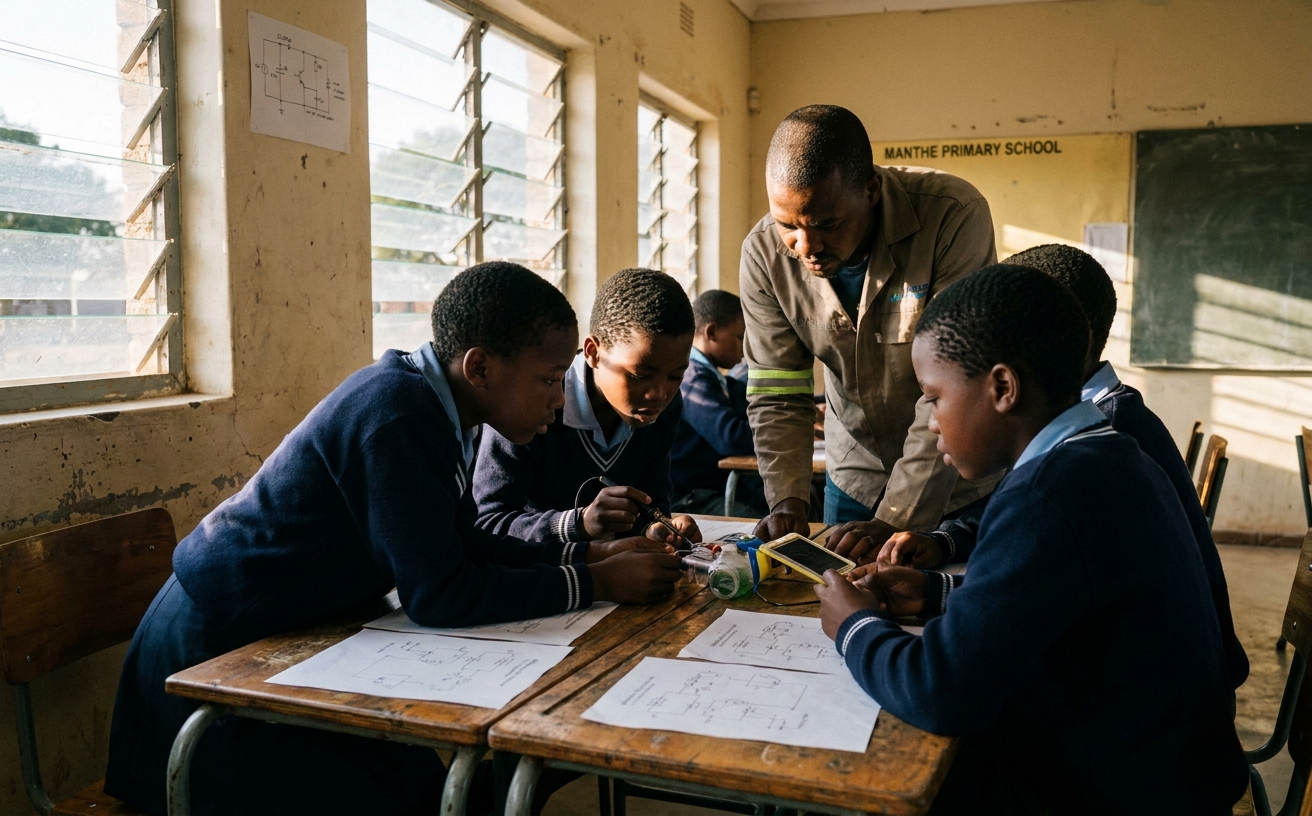 Grade 5 learners building a small solar torch from recycled parts