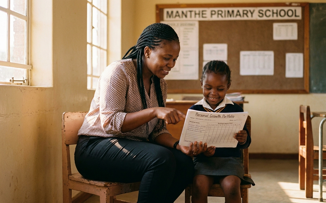 Teacher and Grade 2 learner reviewing a personal portfolio