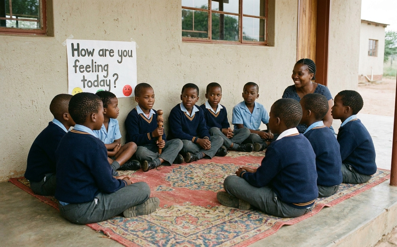 Wellbeing circle on the school veranda with children and teacher