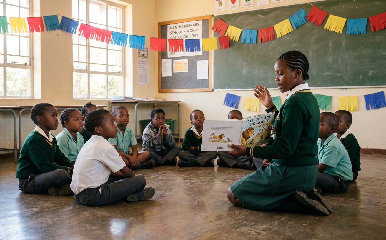 World Read Aloud Day reading circle in a Grade 6 classroom