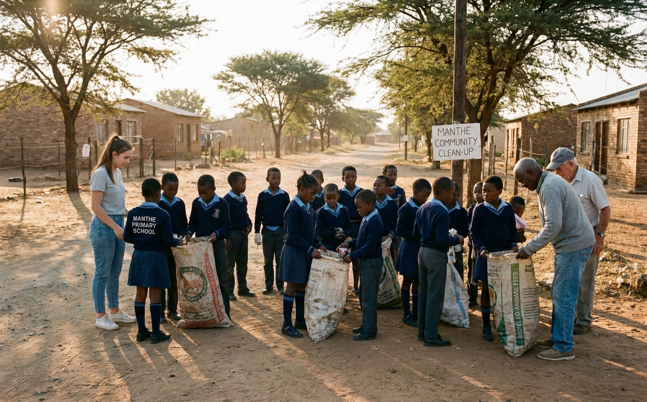 Children clearing litter from the Manthestad street with parents