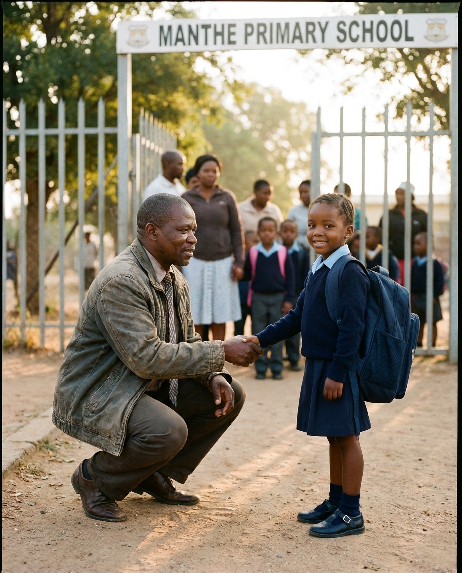 Mr Motlhabane greeting a Grade 1 learner at the school gate