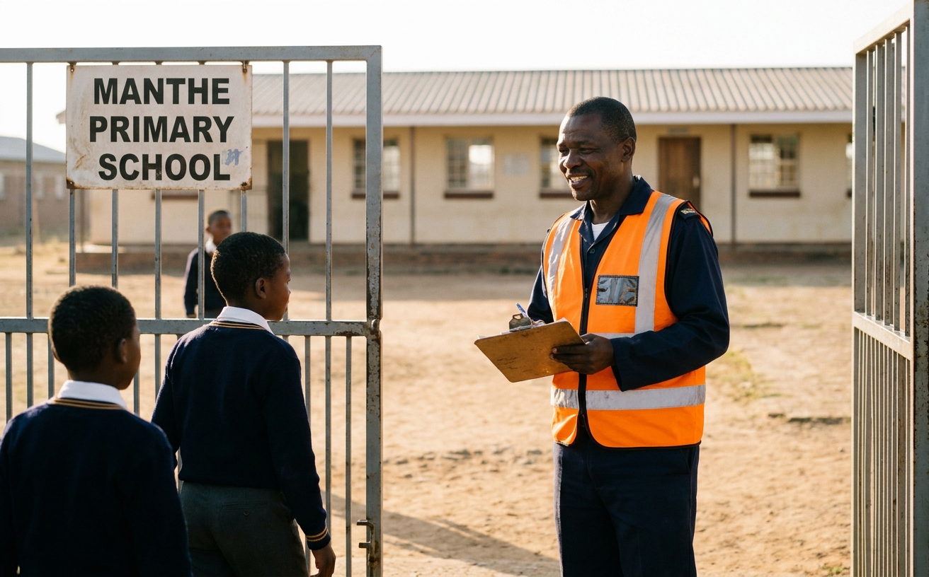 Mr Khoza, the security officer, on duty at the front gate of Manthe Primary School