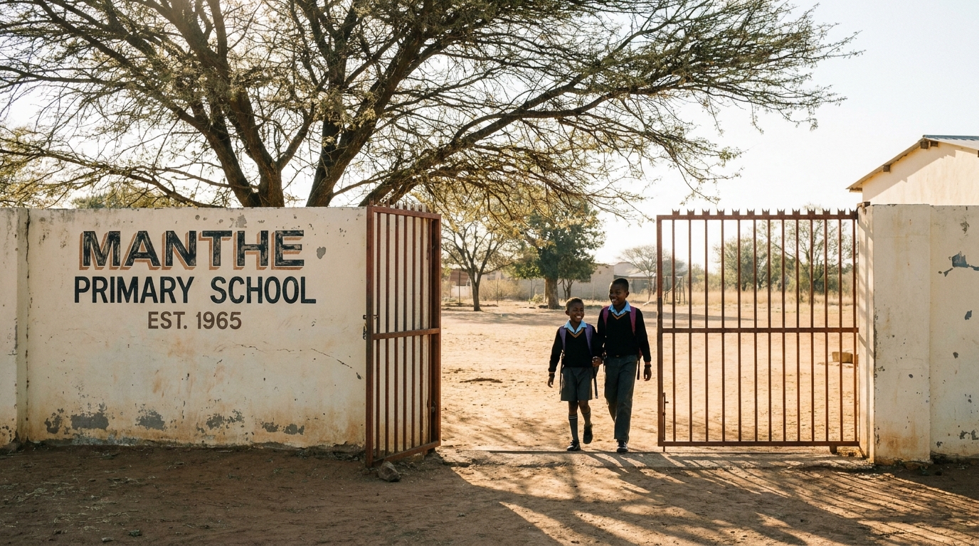 Front gate of Manthe Primary School in the morning