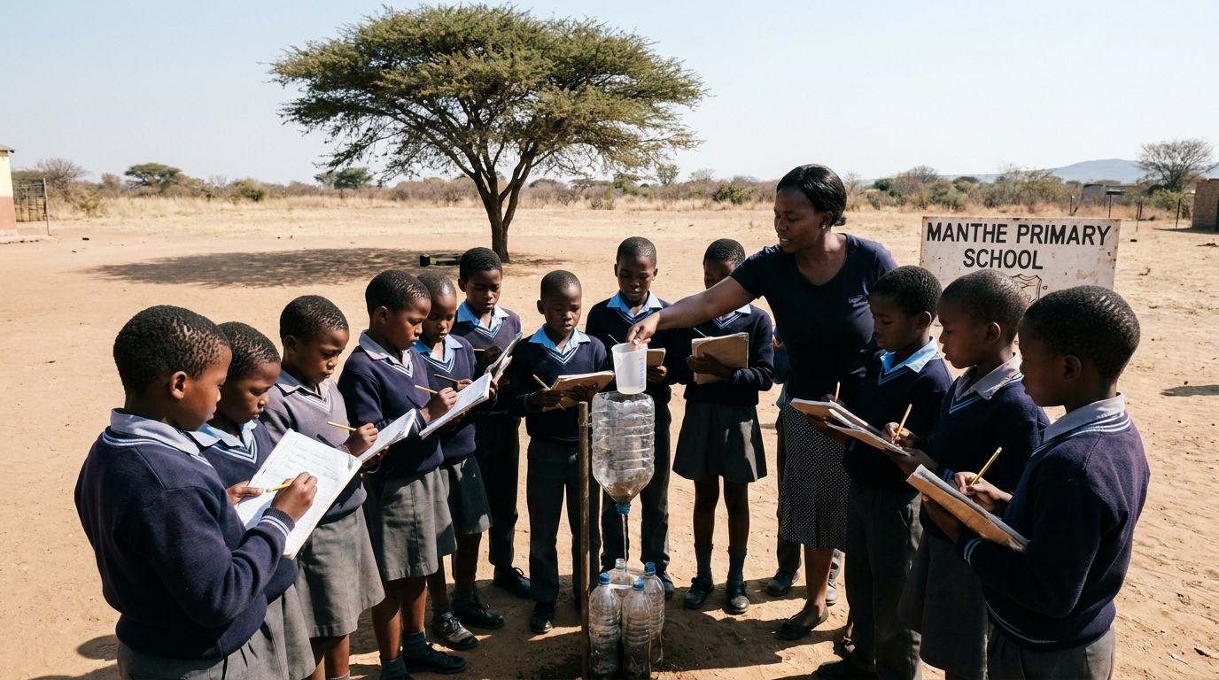 Outdoor science lesson with a teacher and Grade 4 learners