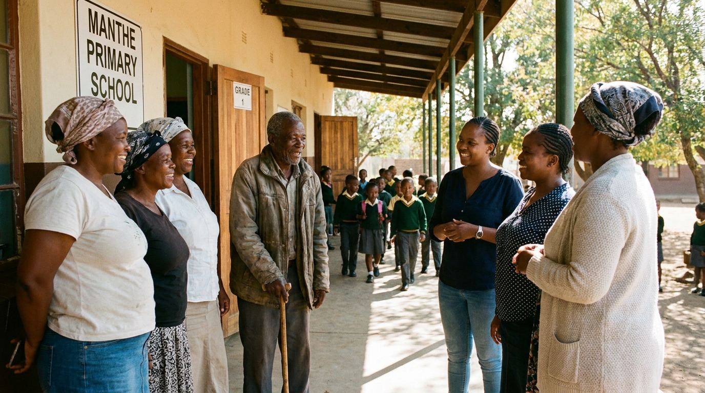 Parents and grandparents chatting with teachers on the school veranda