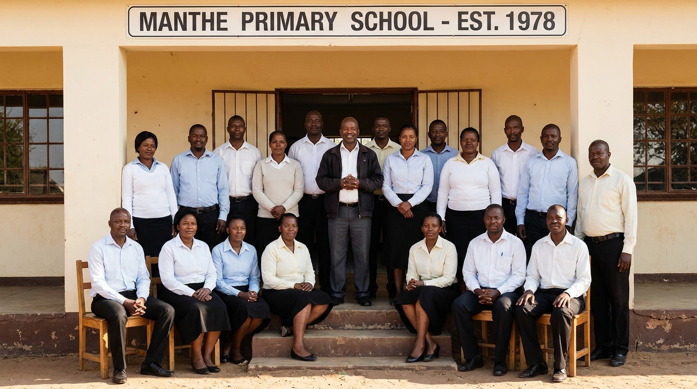 The teaching staff of Manthe Primary School on the school veranda