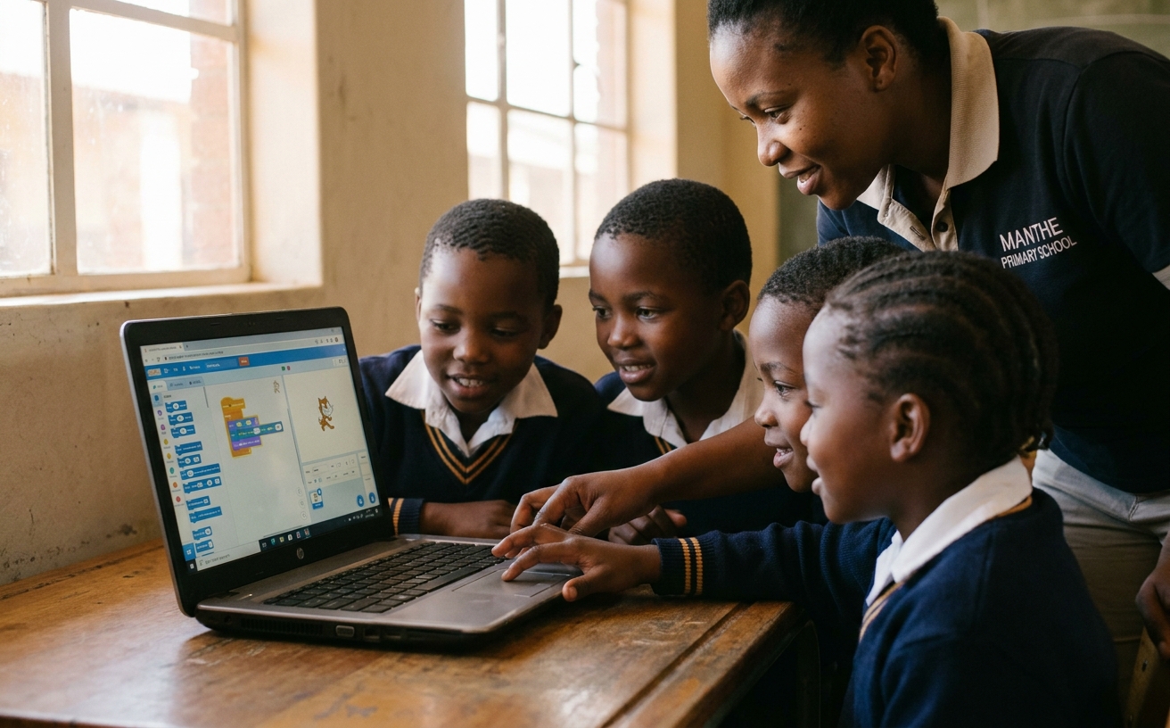 Children using a donated laptop for Scratch coding