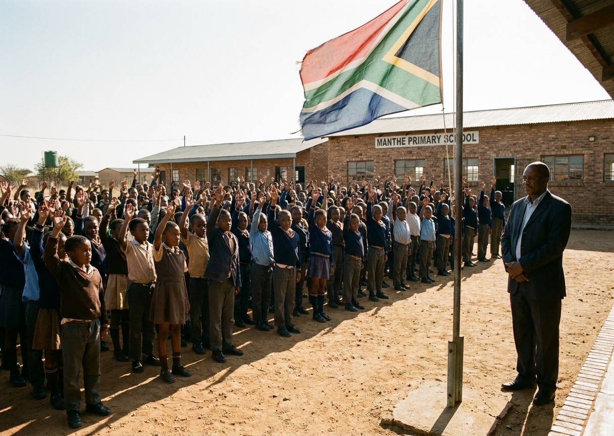 Morning assembly with the South African flag