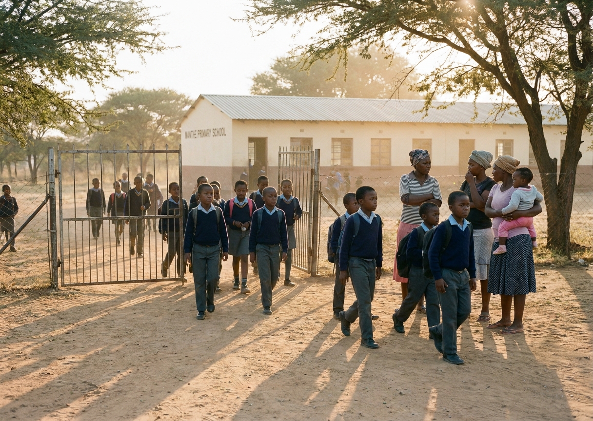 Late-afternoon dismissal at the school gate